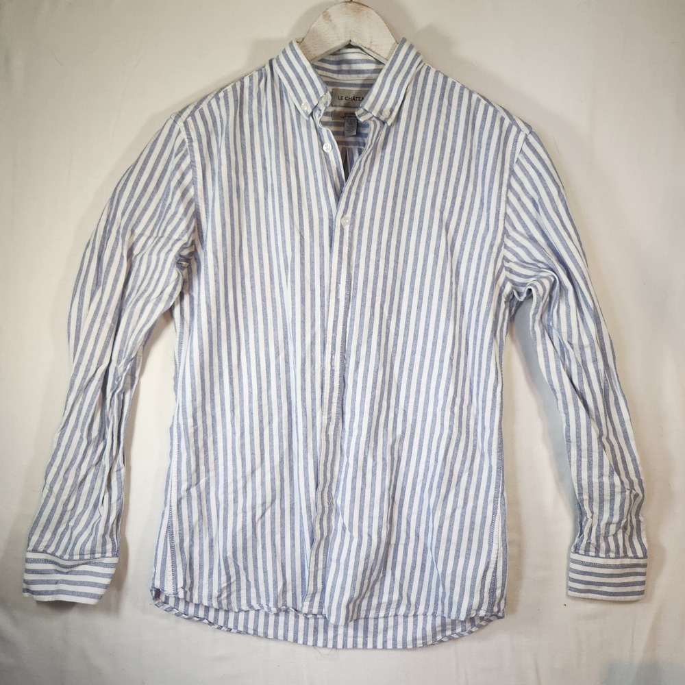 Le Chateau Blue White Striped Linen Blend Button Down Shirt Slim Fit Small